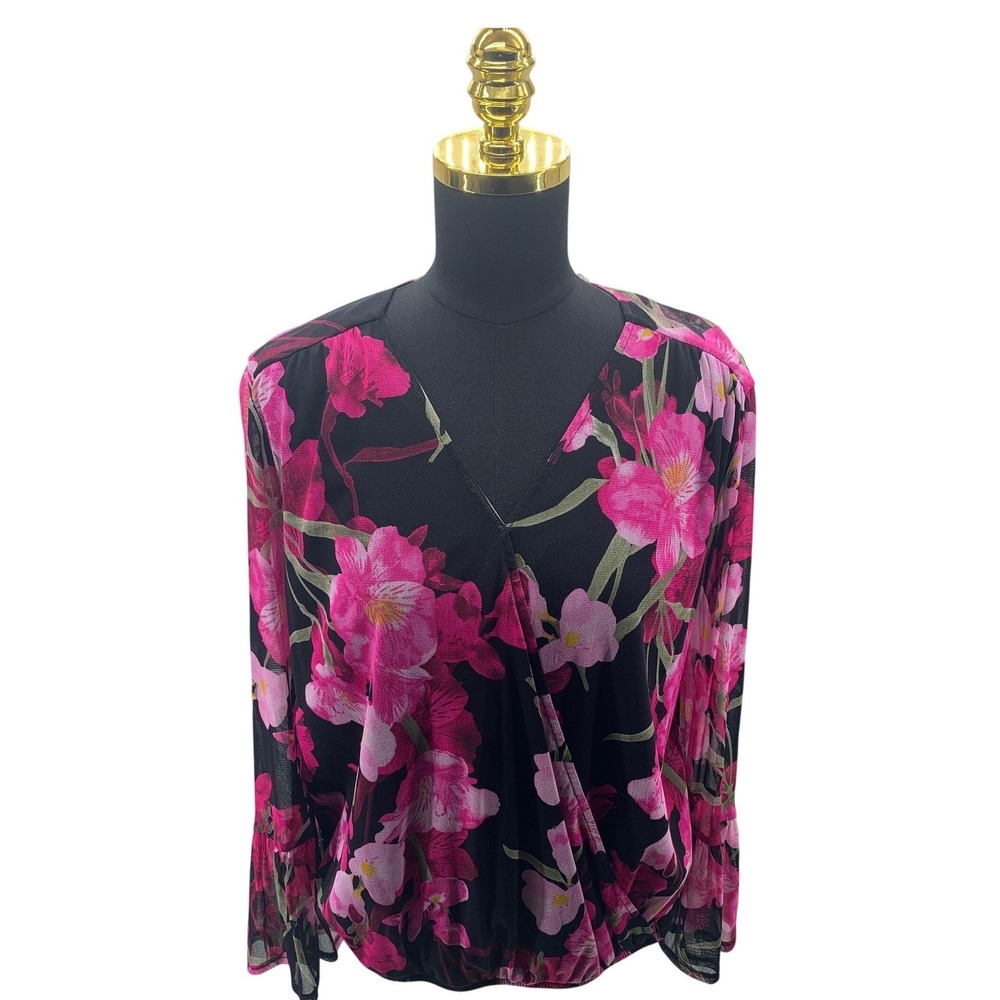 INC International Concepts Womens Pink Floral Mesh Surplice V-Neck Blouse Large